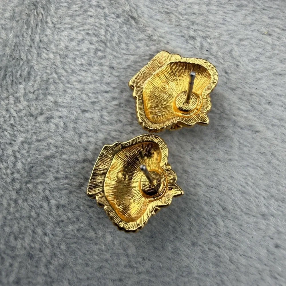 Vintage Pierced Crown‎ Earrings Gold Tone Rhinestone